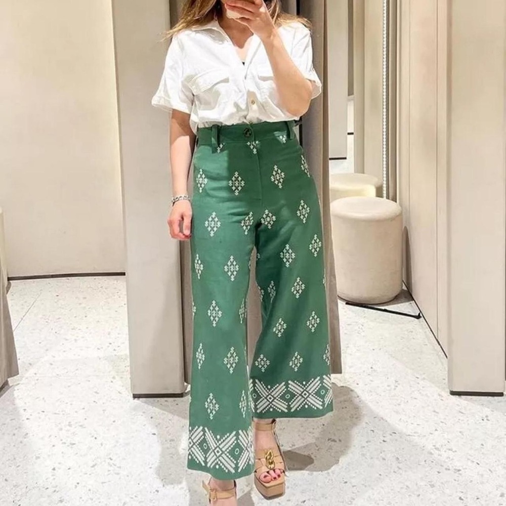 Zara Linen Green Wide Leg Patterned Pants size 2